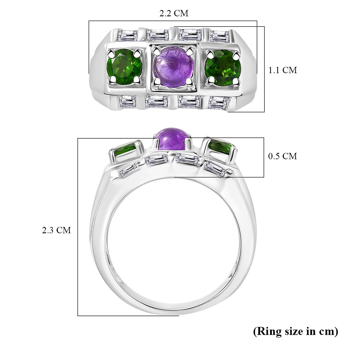 GP Art Deco Collection - Geometrical Shapes - Amethyst, Chrome Diopside & Zircon Ring in Rhodium Overlay Sterling Silver GP Art Deco Collection - Geometrical Shapes - Amethyst, Chrome Diopside & Zircon Ring in Rhodium Overlay Sterling Silver