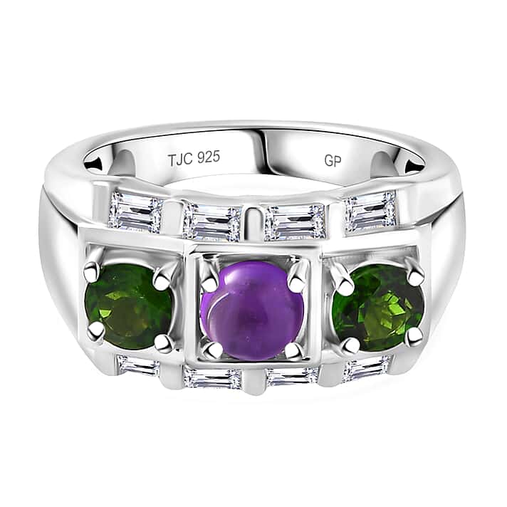 GP Art Deco Collection - Geometrical Shapes - Amethyst, Chrome Diopside and Zircon Trilogy Ring in Rhodium Overlay Sterling Silver