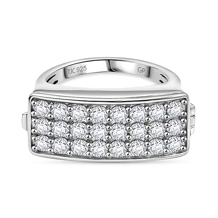 GP Art Deco Collection - Moissanite Signet Ring with Heart Ruby Pendant in Rhodium Overlay Sterling Silver