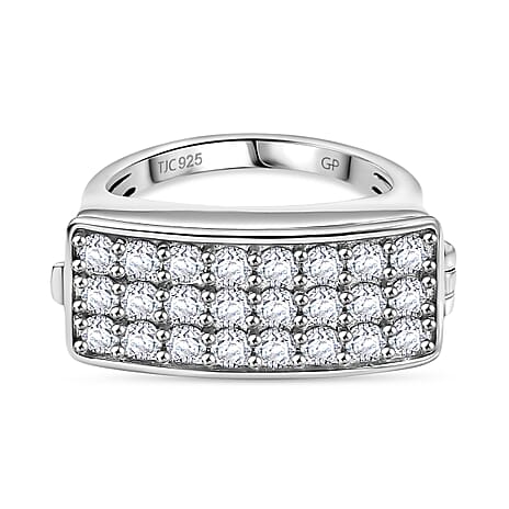 GP Art Deco Collection - Moissanite Signet Ring with Heart Ruby Pendant in Rhodium Overlay Sterling Silver 1.98 Ct.