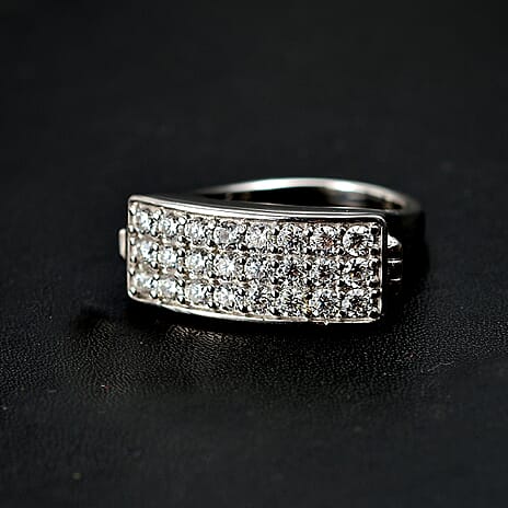 GP Art Deco Collection - Moissanite Signet Ring with Heart Ruby Pendant in Rhodium Overlay Sterling Silver 1.98 Ct.