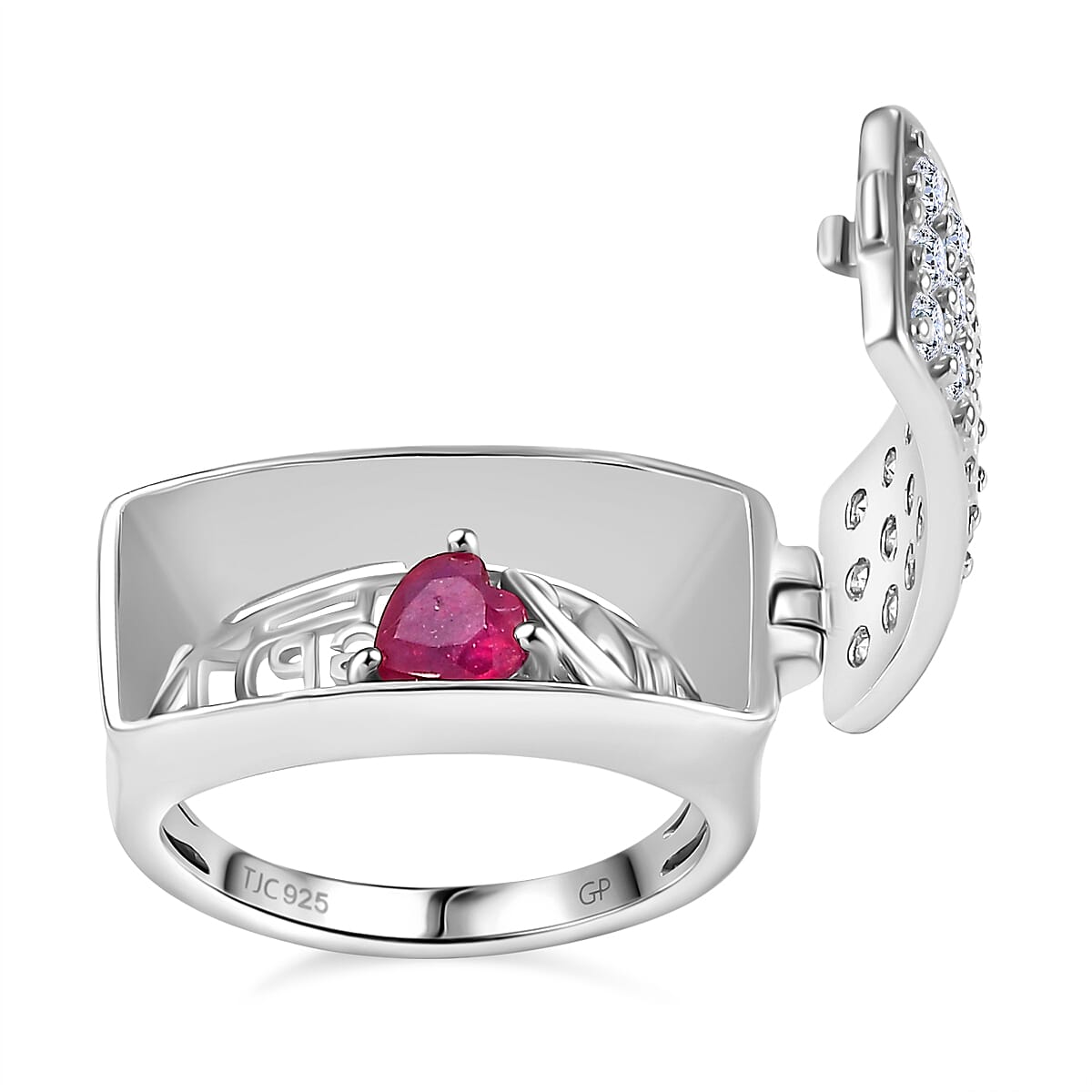 GP Art Deco Collection - Moissanite Signet Ring with Heart Ruby Pendant in Rhodium Overlay Sterling Silver 1.98 Ct. GP Art Deco Collection - Moissanite Signet Ring with Heart Ruby Pendant in Rhodium Overlay Sterling Silver 1.98 Ct.