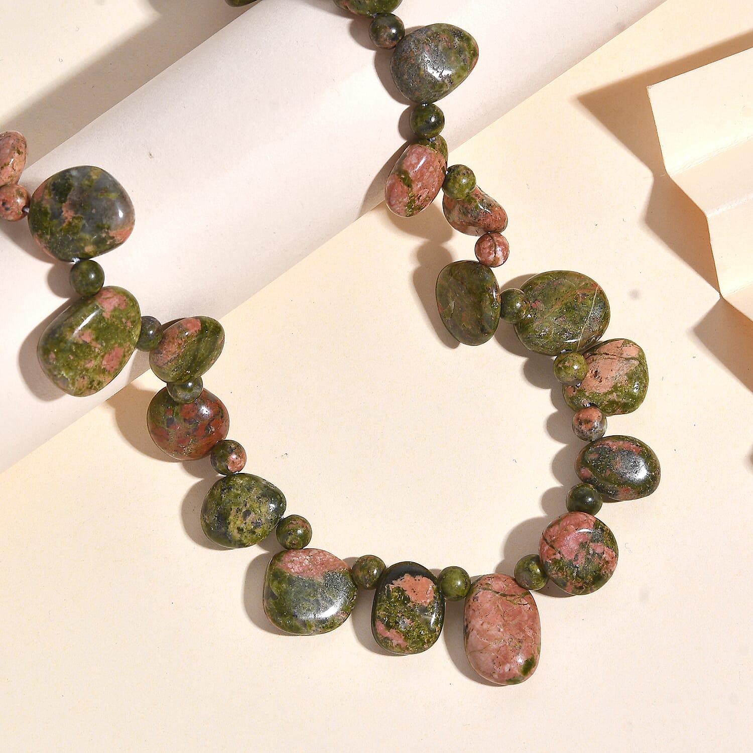 Unakite Necklace (Size - 20) With Senorita Clasp in Pure White Platinum Overlay, 259.40 Ct.