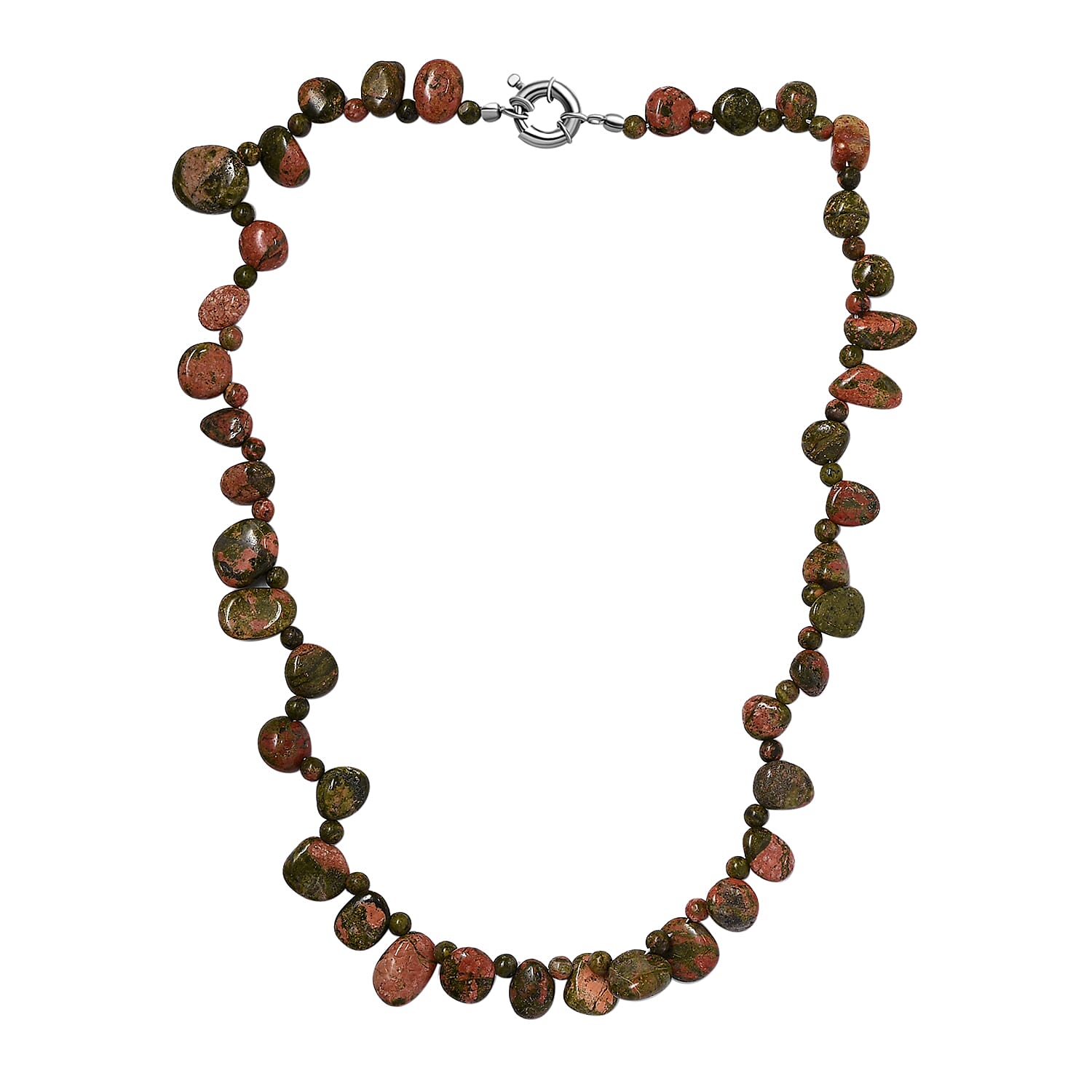 Unakite Necklace (Size - 20) With Senorita Clasp in Pure White Platinum Overlay, 259.40 Ct.