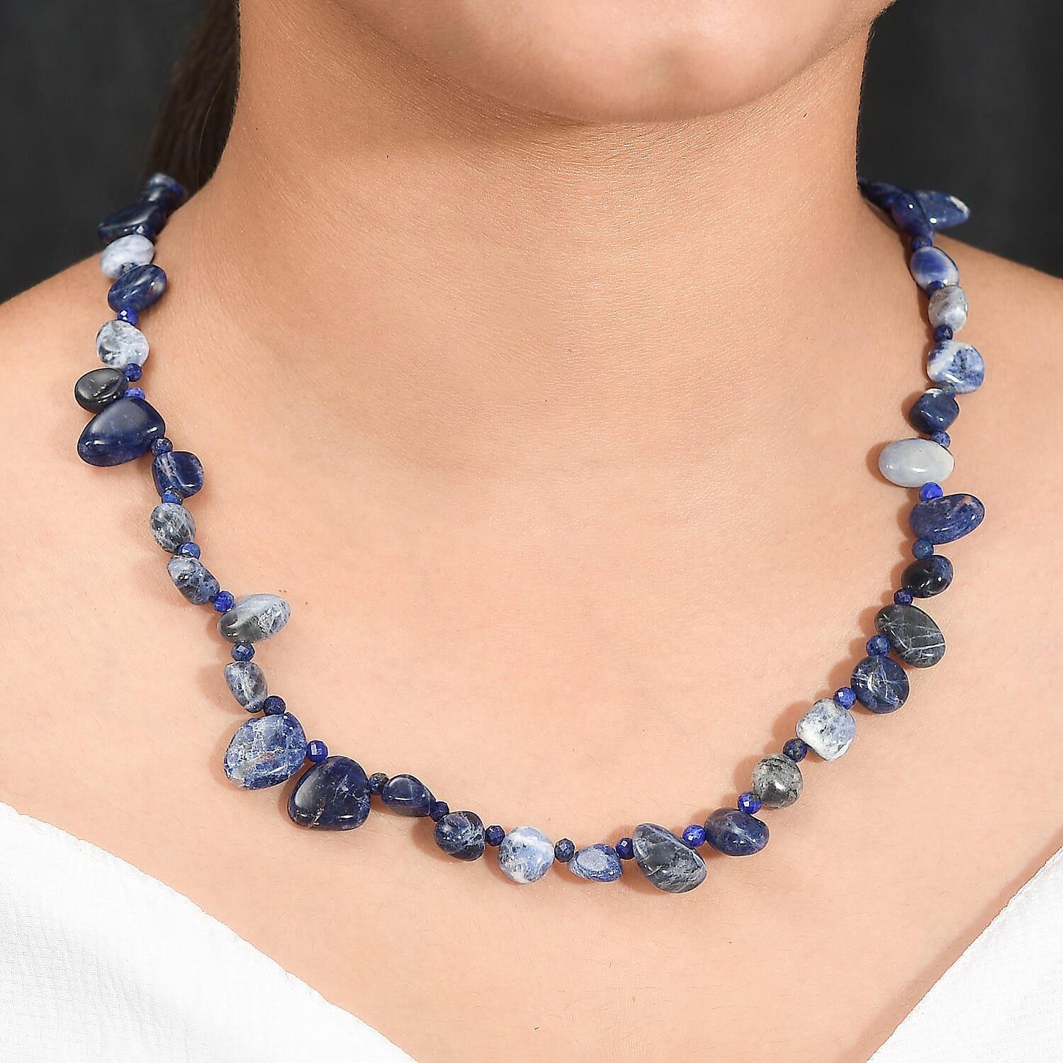 Sodalite, Lapis Lazuli Necklace (Size - 20) With Senorita Clasp in Pure White Platinum Overlay, 152.350 Ct.