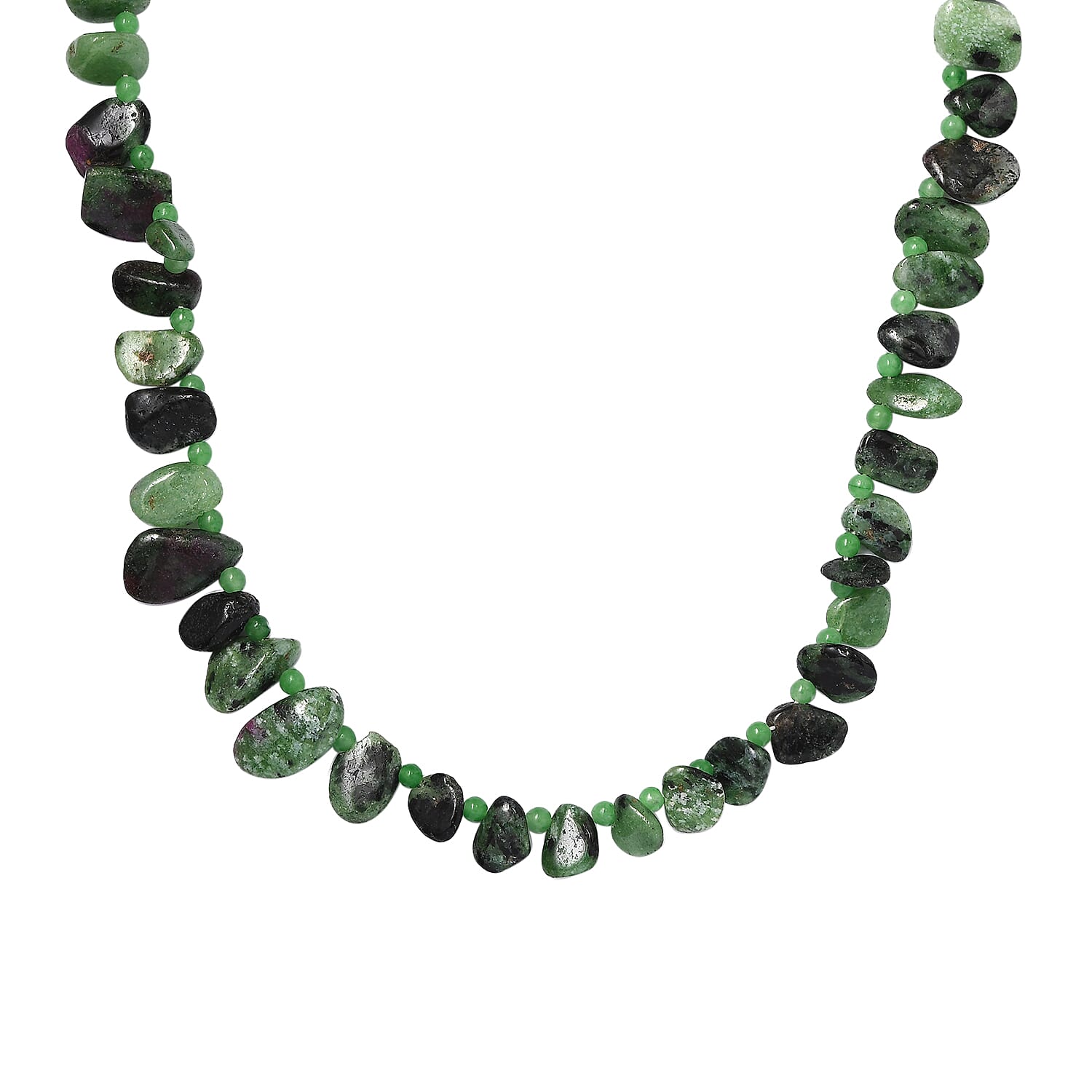 Ruby Zoisite, Green Jade Necklace (Size - 20) With Senorita Clasp in Pure White Platinum Overlay, 192.400 Ct.