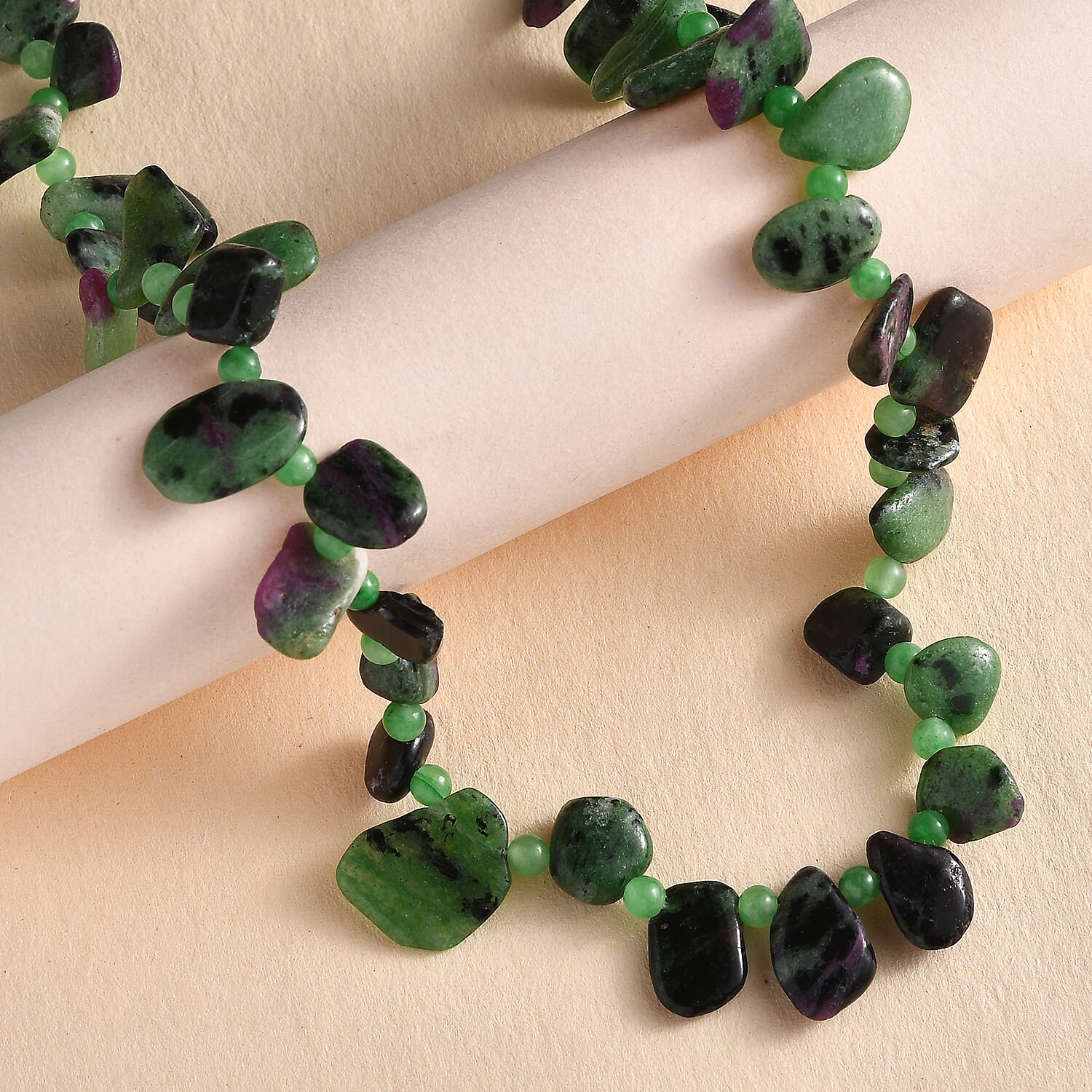 Ruby Zoisite, Green Jade Necklace (Size - 20) With Senorita Clasp in Pure White Platinum Overlay, 192.400 Ct.