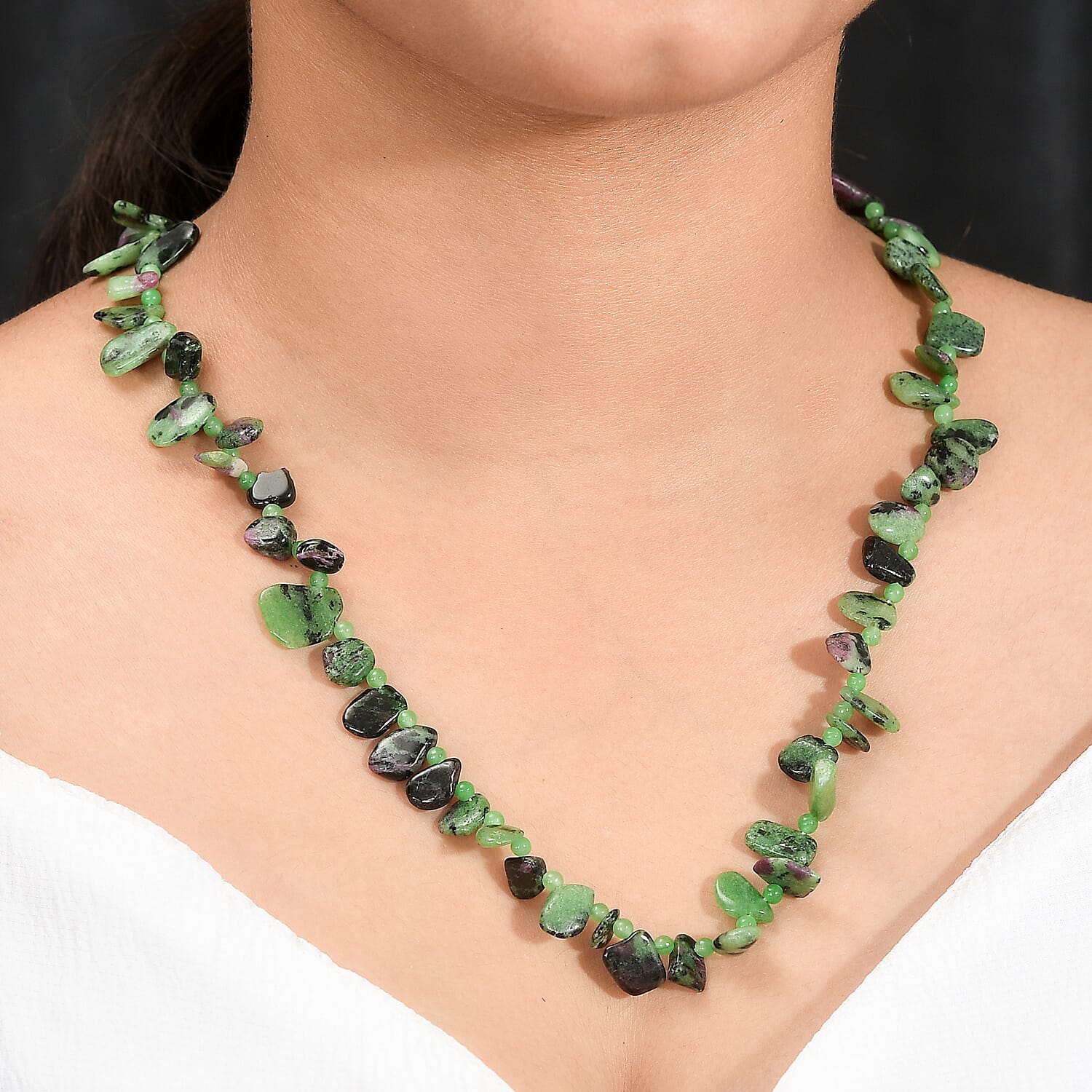 Ruby Zoisite, Green Jade Necklace (Size - 20) With Senorita Clasp in Pure White Platinum Overlay, 192.400 Ct.