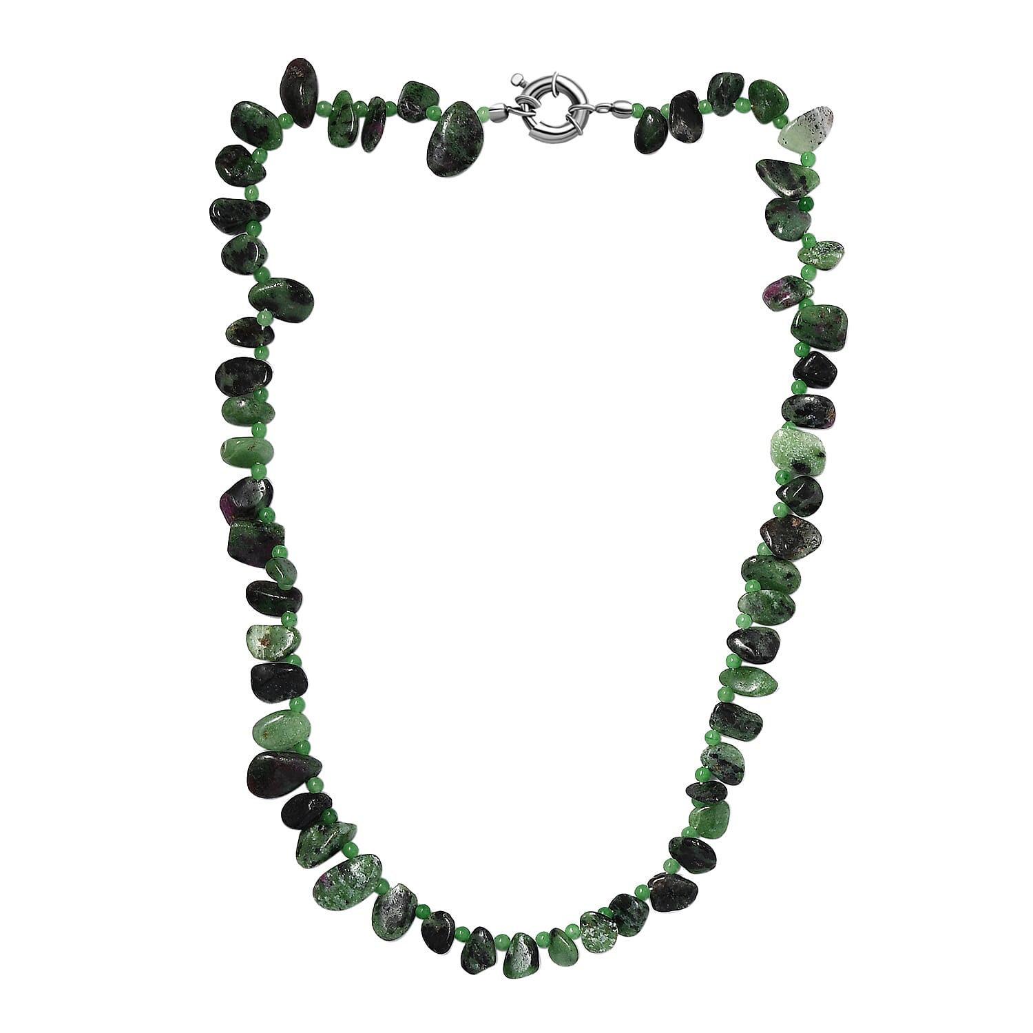 Ruby Zoisite, Green Jade Necklace (Size - 20) With Senorita Clasp in Pure White Platinum Overlay, 192.400 Ct.