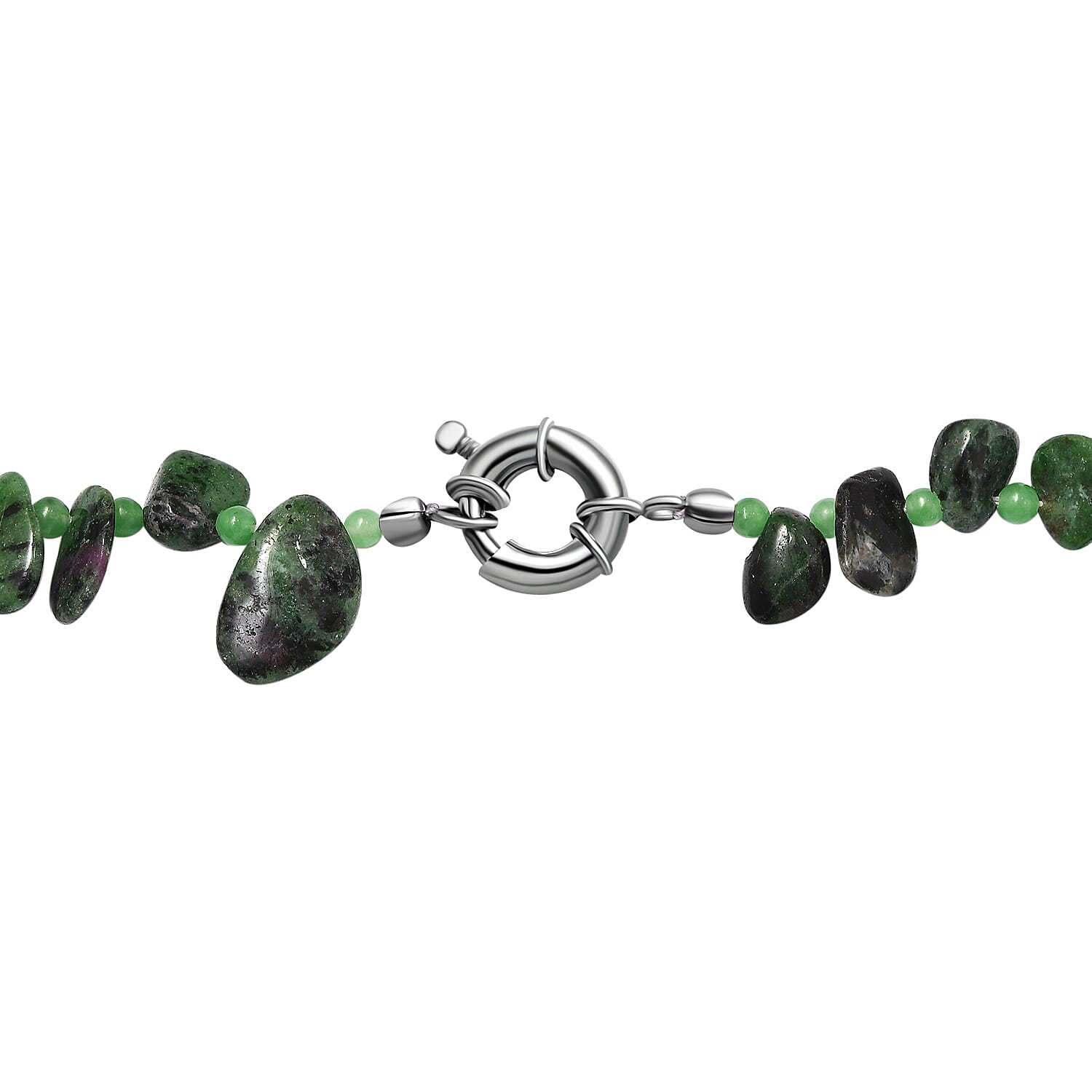 Ruby Zoisite, Green Jade Necklace (Size - 20) With Senorita Clasp in Pure White Platinum Overlay, 192.400 Ct.