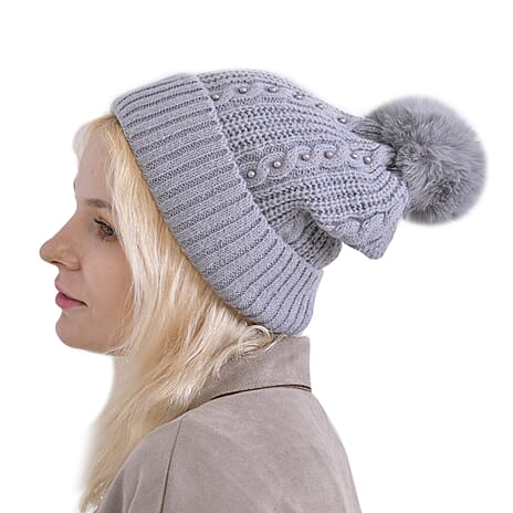 Cuff Beanie with Faux Pearl (22 x 21cm) - Grey