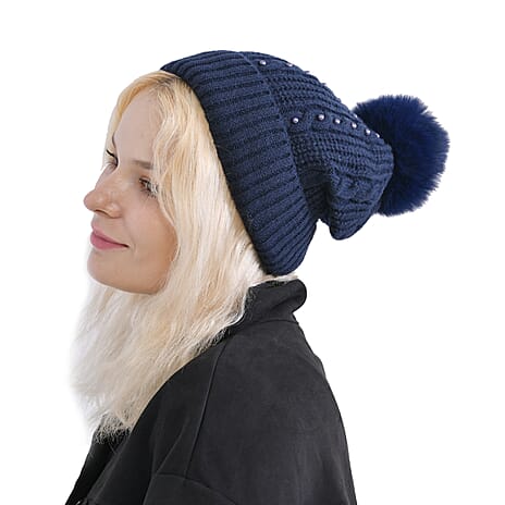 Cuff Beanie with Faux Pearl (22 x 21cm) - Navy