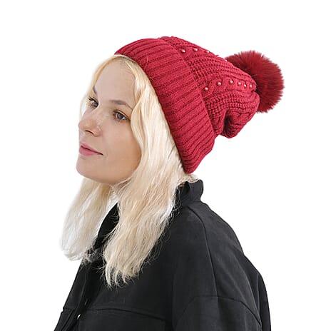 Cuff Beanie with Faux Pearl (22 x 21cm) - Red