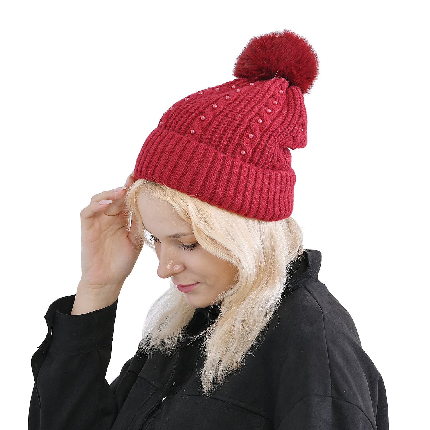 Cuff Beanie with Faux Pearl - Red