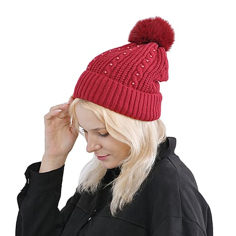 Cuff Beanie with Faux Pearl (22 x 21cm) - Red