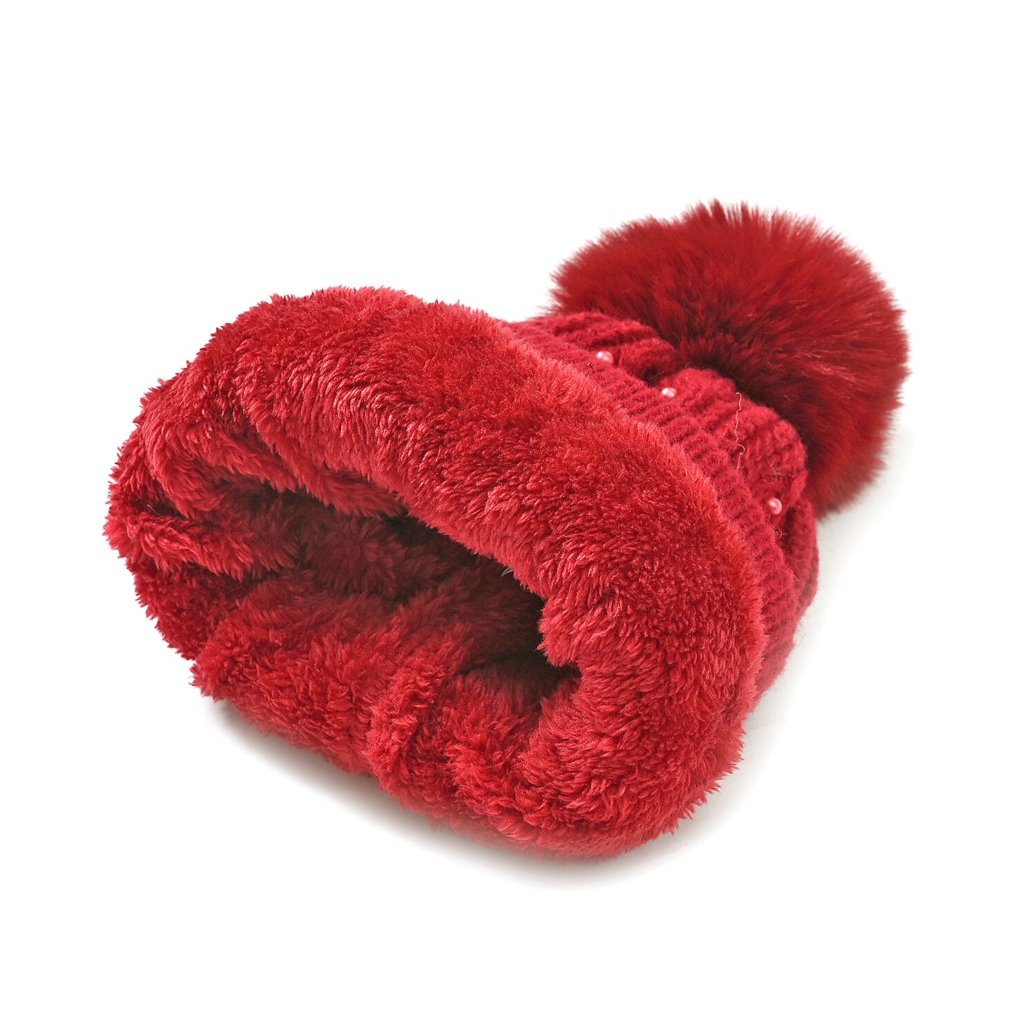 Cuff Beanie with Faux Pearl - Red