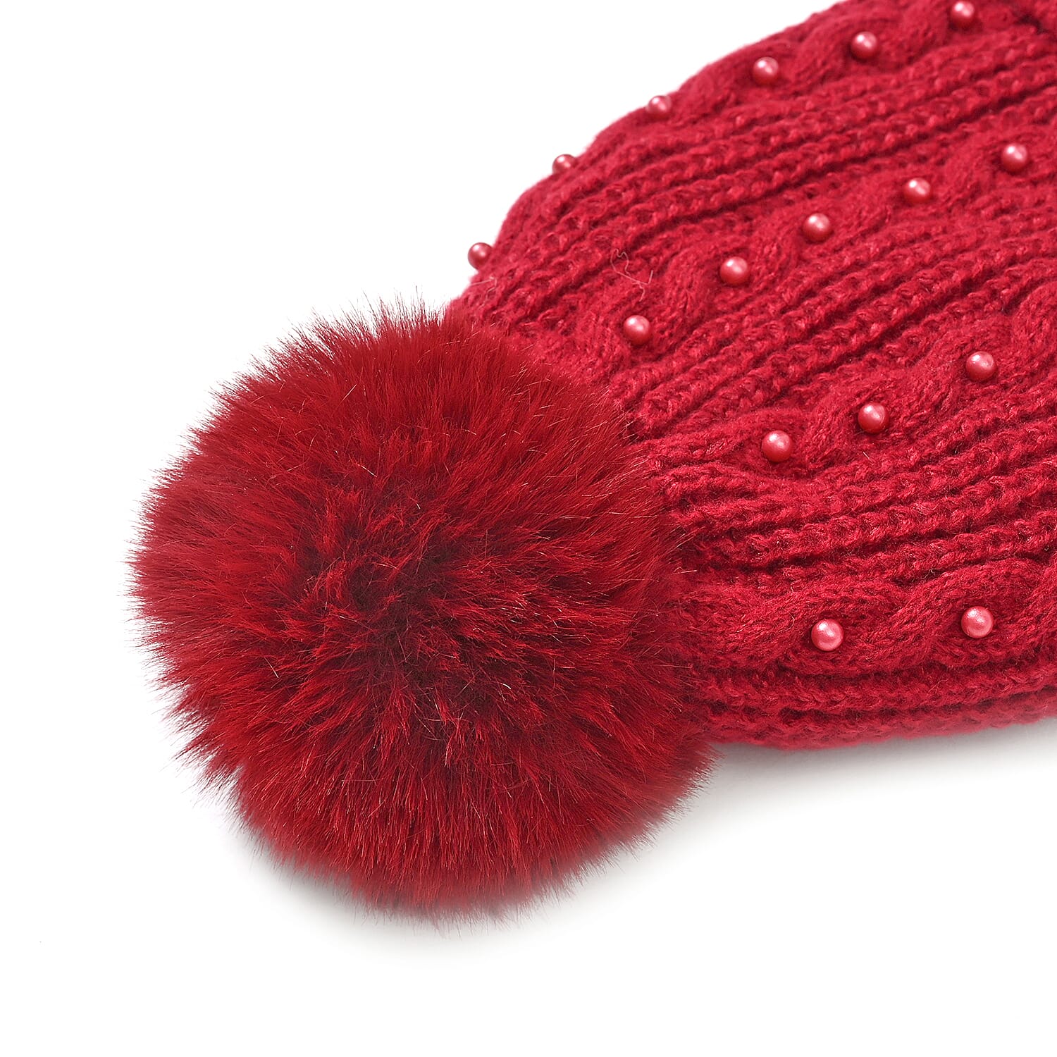 Cuff Beanie with Faux Pearl - Red