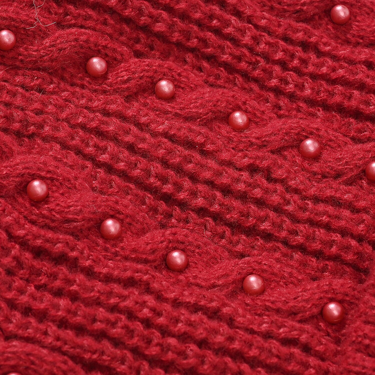 Cuff Beanie with Faux Pearl - Red