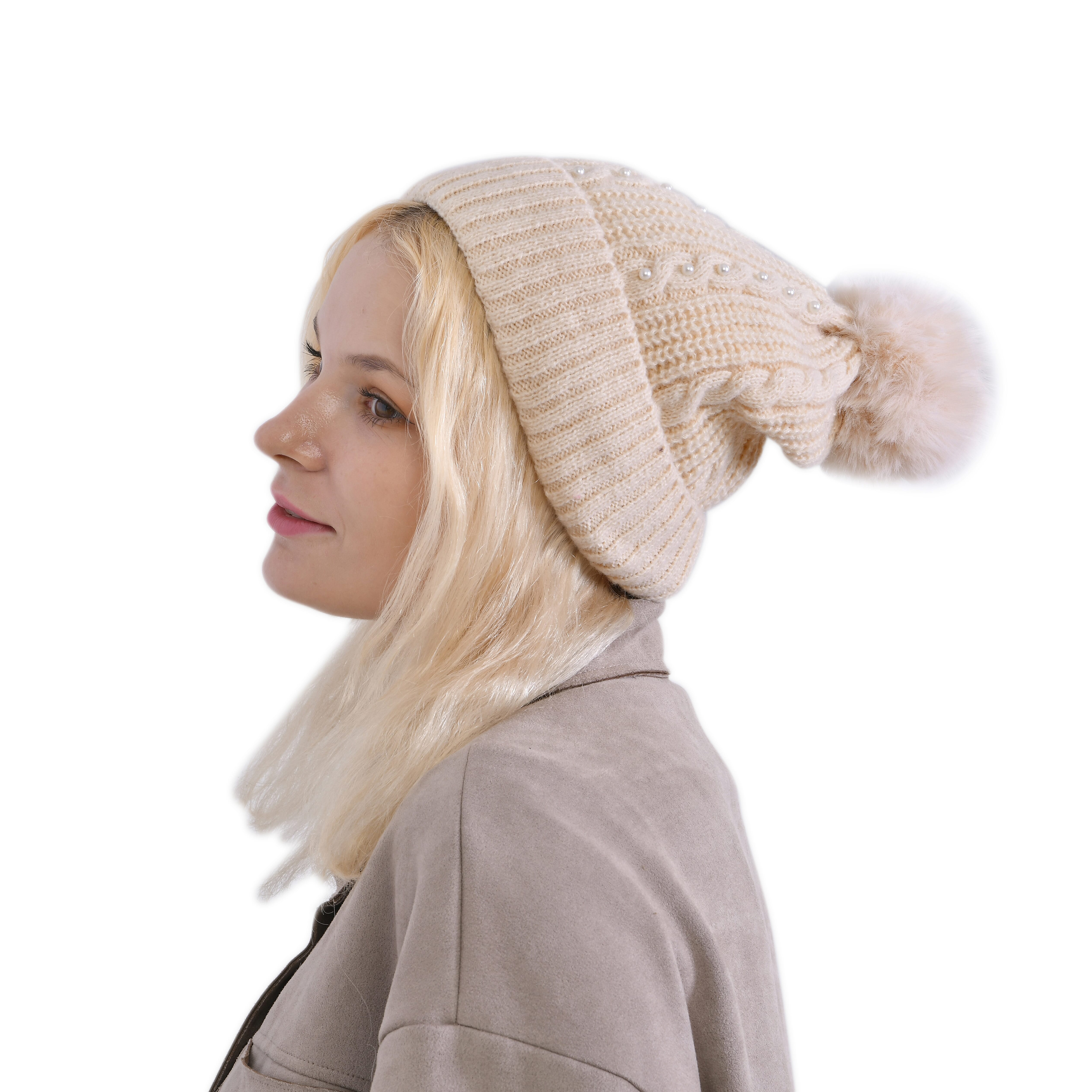 Cuff Beanie with Faux Pearl - White