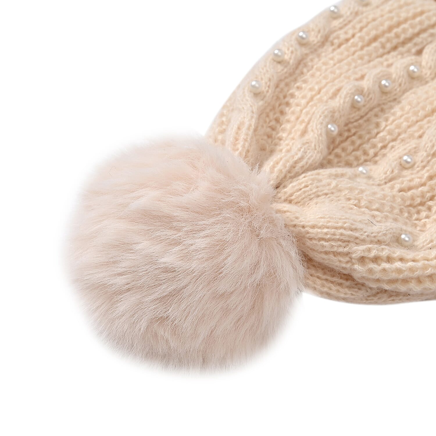 Cuff Beanie with Faux Pearl - White