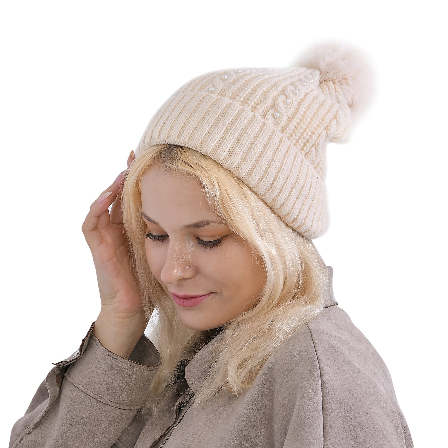 Cuff Beanie with Faux Pearl - White