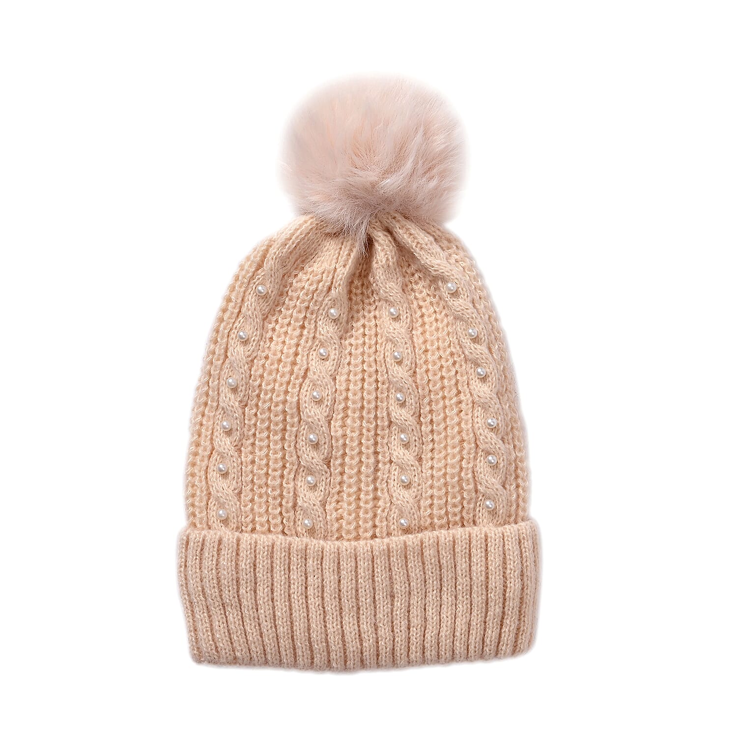 Cuff Beanie with Faux Pearl - White