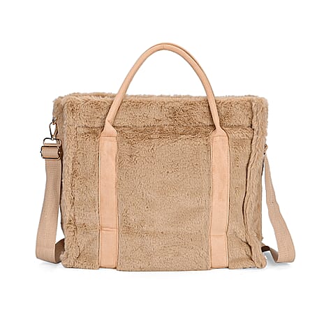 Faux Fur Plush Tote Bag with Handle Drop - Khaki