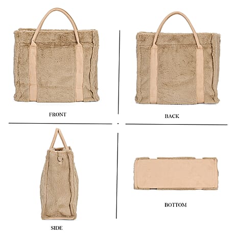 Faux Fur Plush Tote Bag with Handle Drop - Khaki