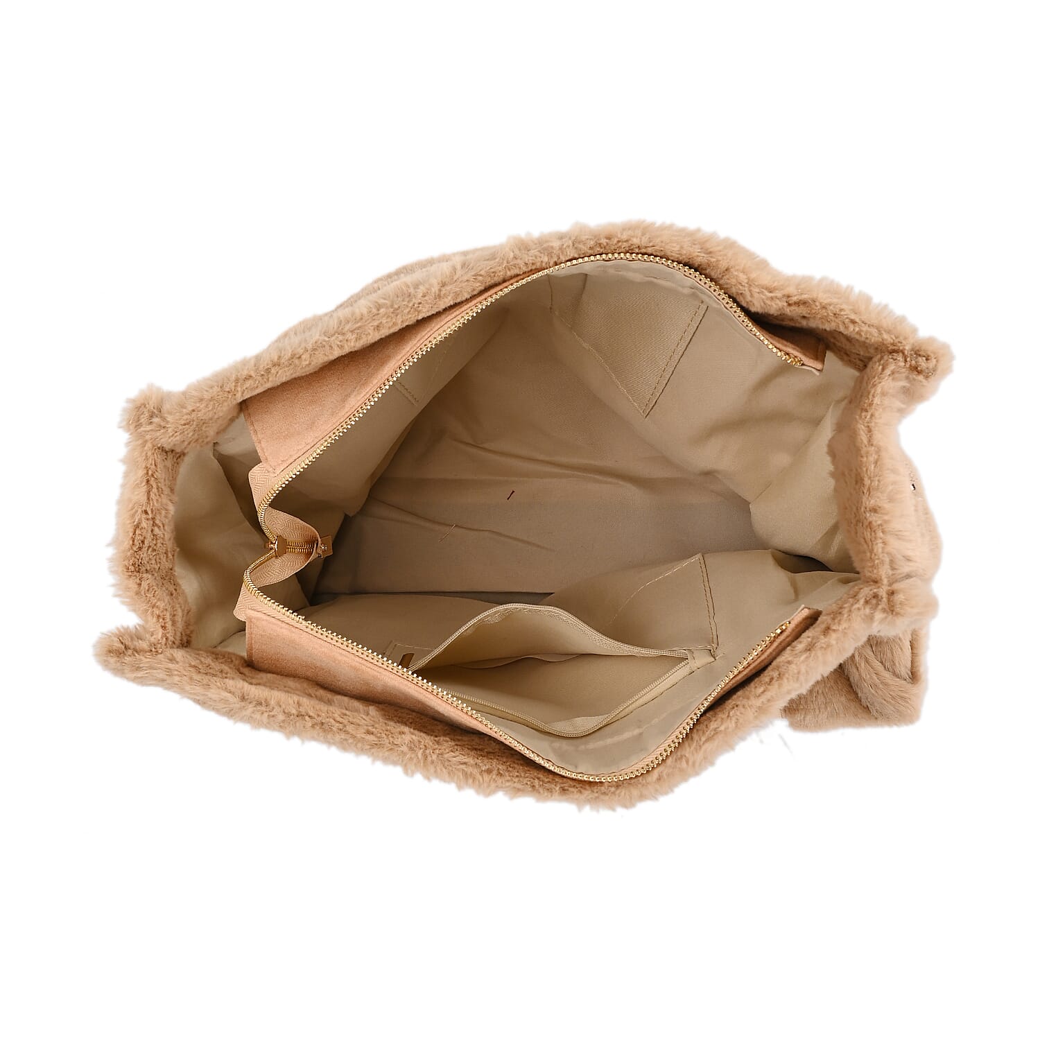 Faux Fur Plush Tote Bag with Handle Drop - Khaki