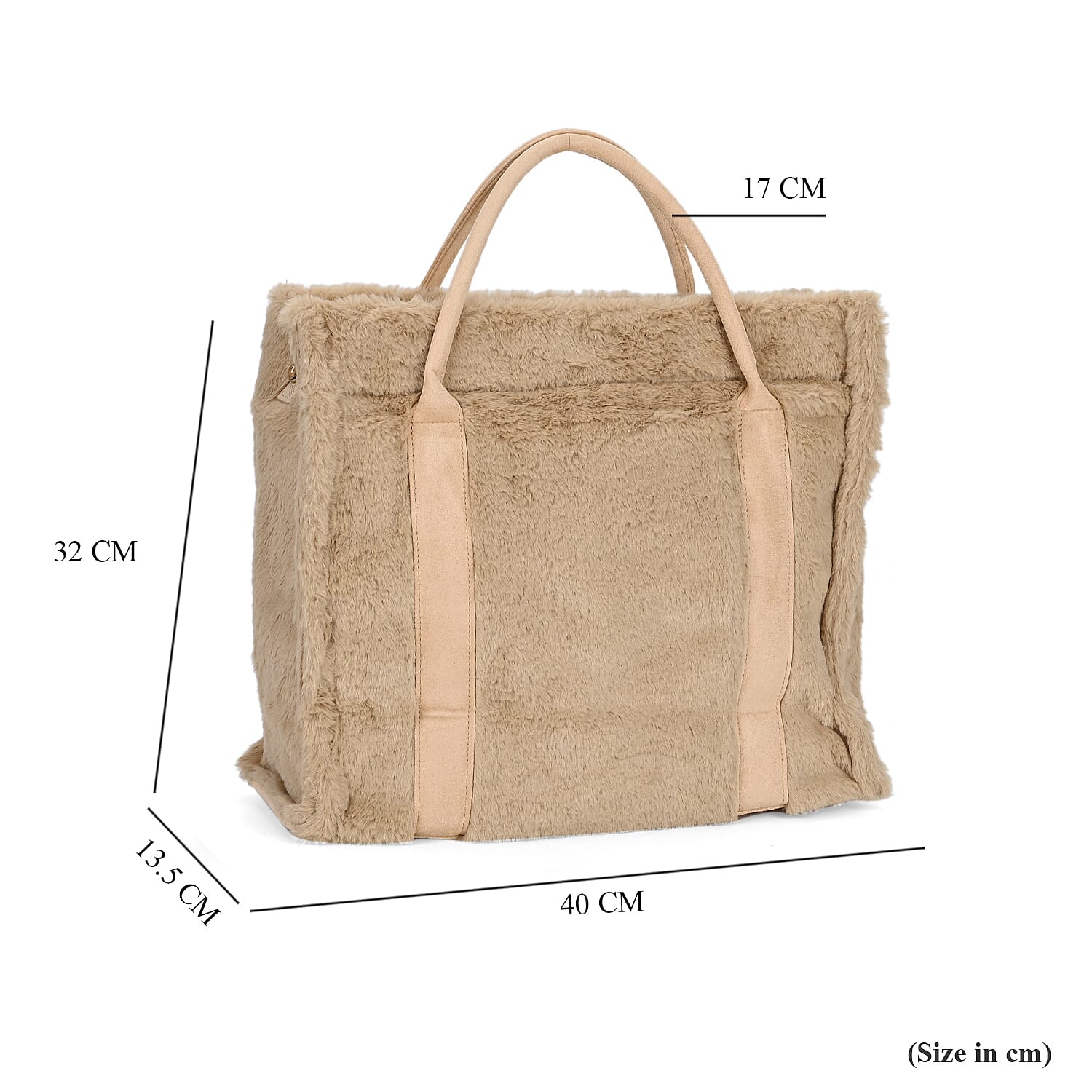 Faux Fur Plush Tote Bag with Handle Drop - Khaki