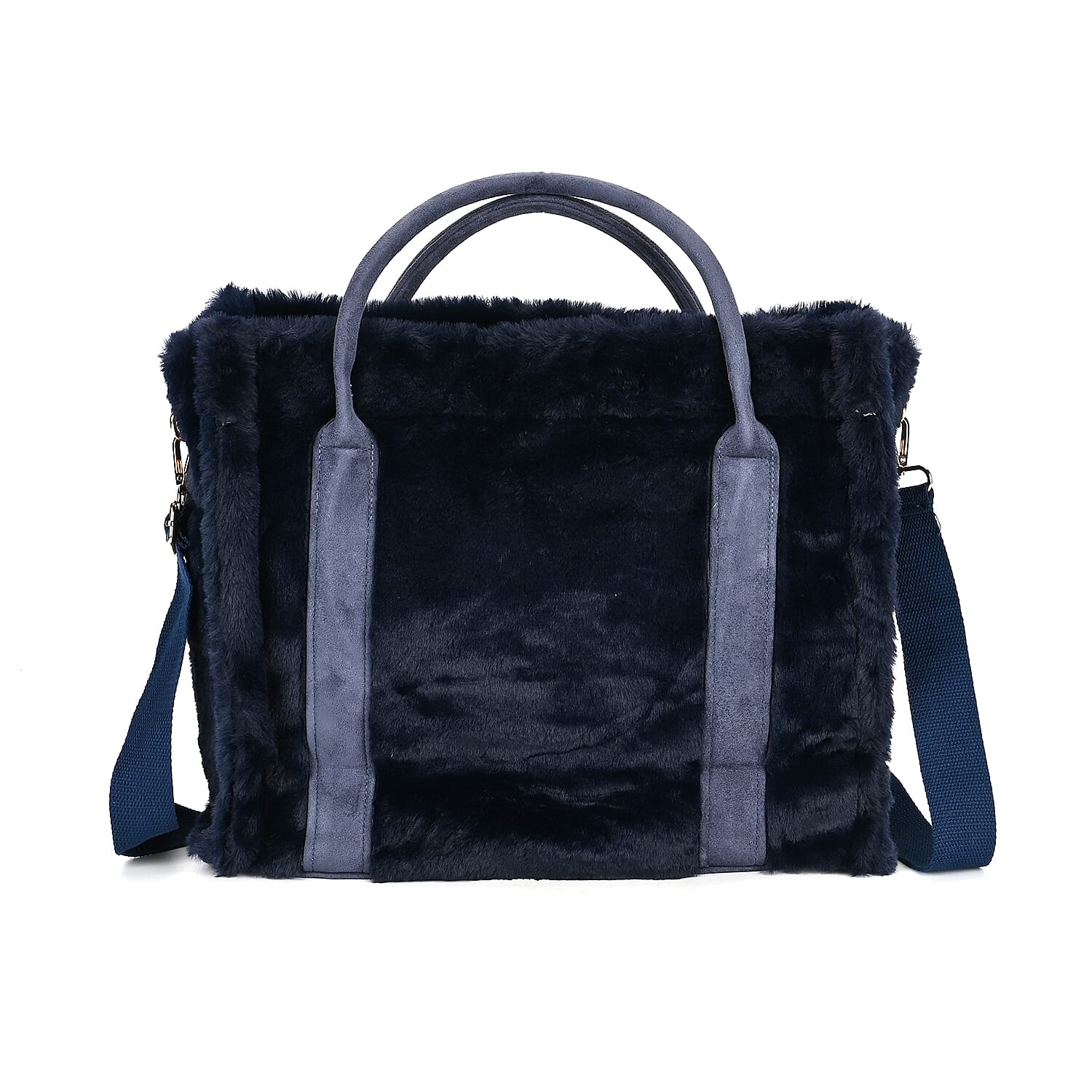 Faux Fur Plush Tote Bag with Handle Drop - Navy