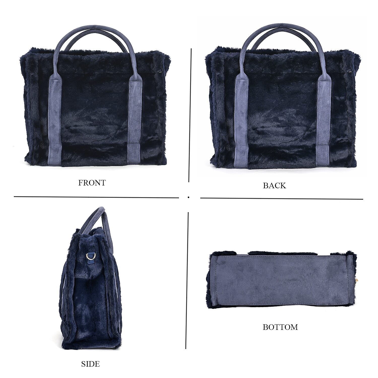 Faux Fur Plush Tote Bag with Handle Drop - Navy