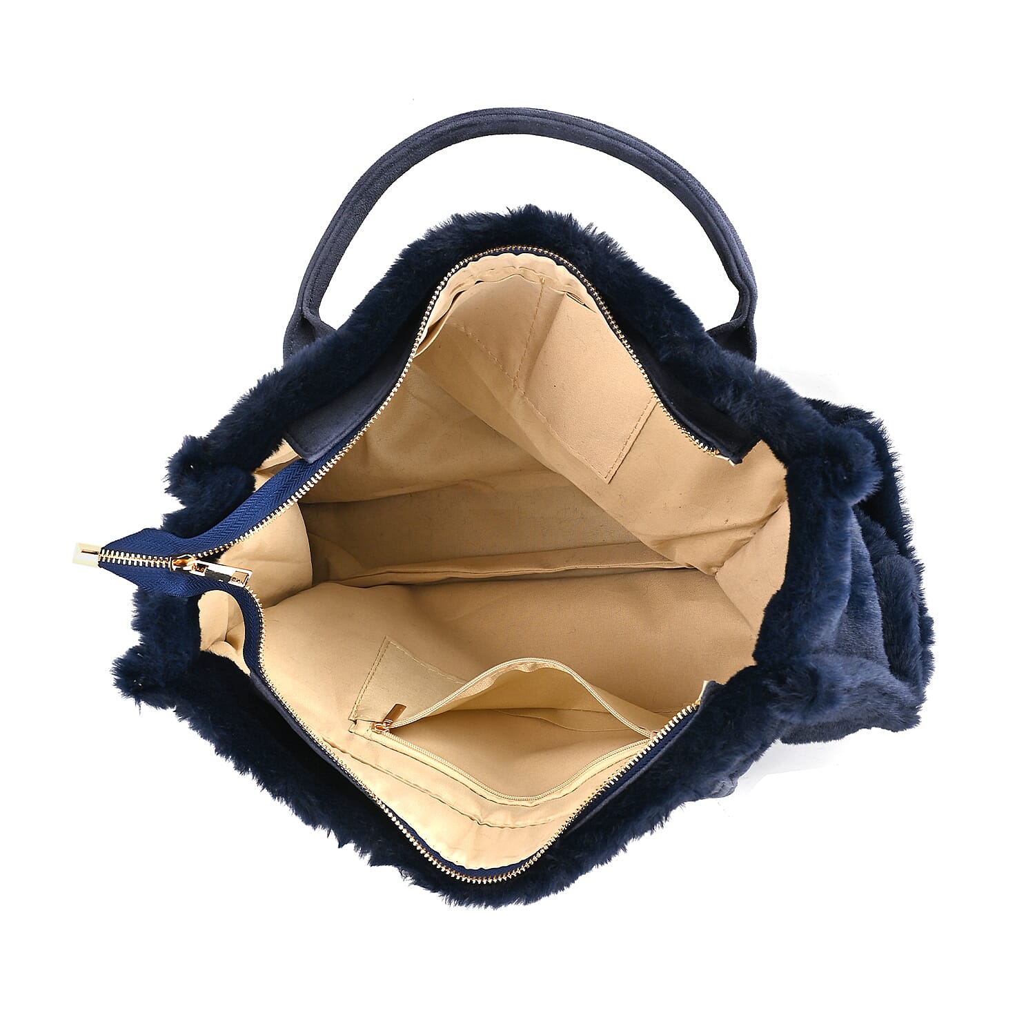 Faux Fur Plush Tote Bag with Handle Drop - Navy