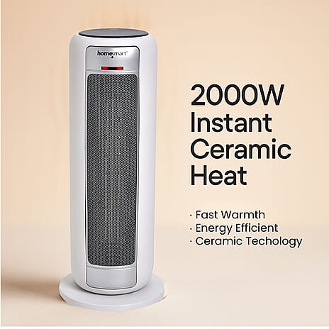 PTC- Digital Ceramic Tower Heater (2000W) - Oscillating, 9h Timer & Remote Control - White