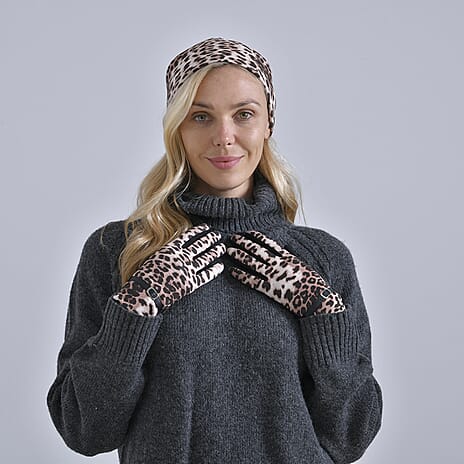 Leopard Print Benie Hat and Gloves Set - Beige