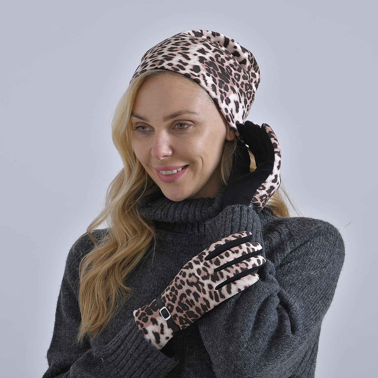 Leopard Print Benie Hat and Gloves Set - Beige