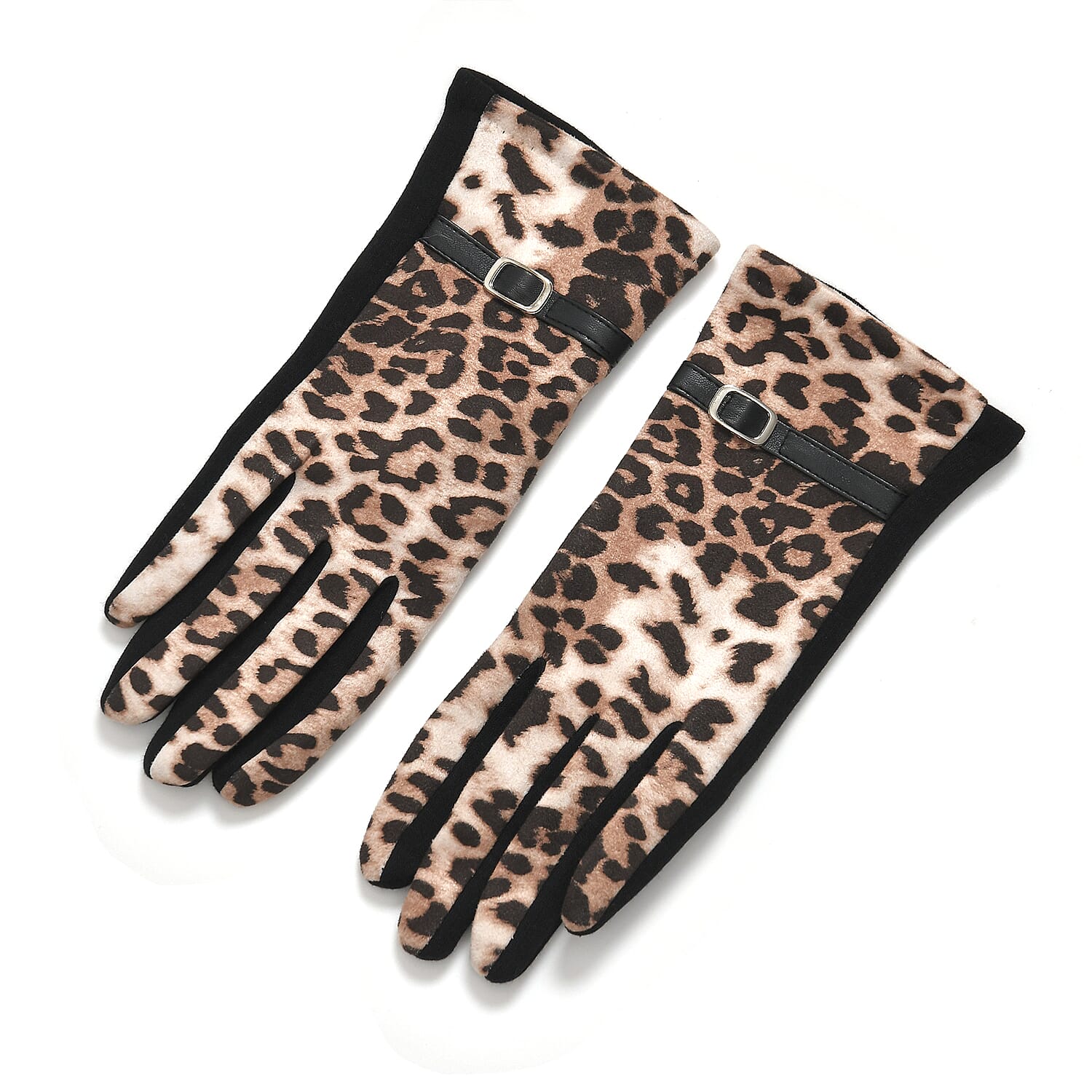 Leopard Print Benie Hat and Gloves Set - Beige