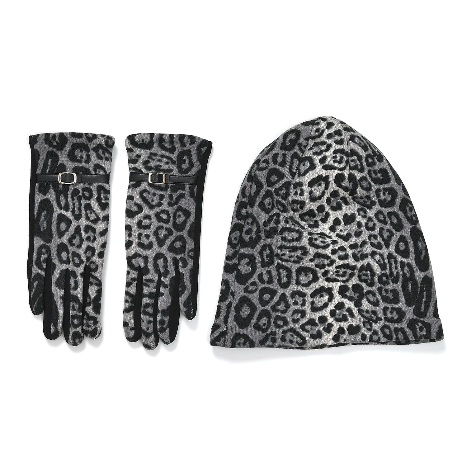 Leopard Print Benie Hat and Gloves Set- Black