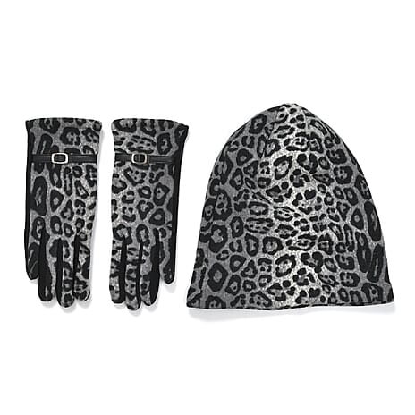Leopard Print Benie Hat and Gloves Set- Black