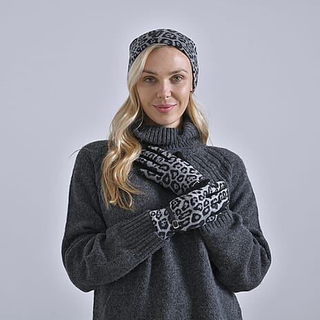Leopard Print Benie Hat and Gloves Set- Black