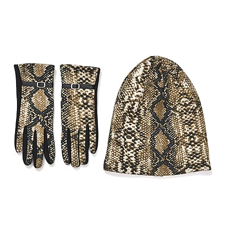 Leopard Print Benie Hat and Gloves Set - Brown