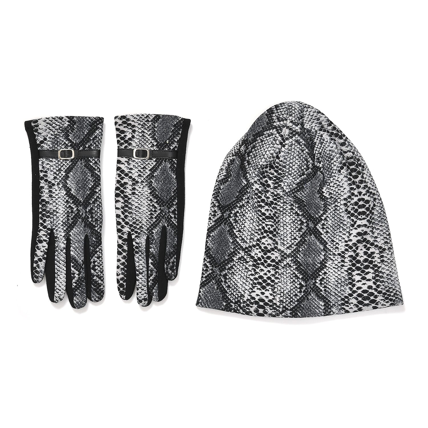 Leopard Print Benie Hat and Gloves Set- Grey