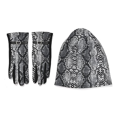 Leopard Print Benie Hat and Gloves Set- Grey