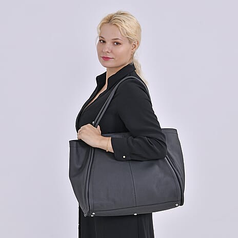 Genuine Leather Patterned Tote Bag (Size 46x30x19 cm) - Black