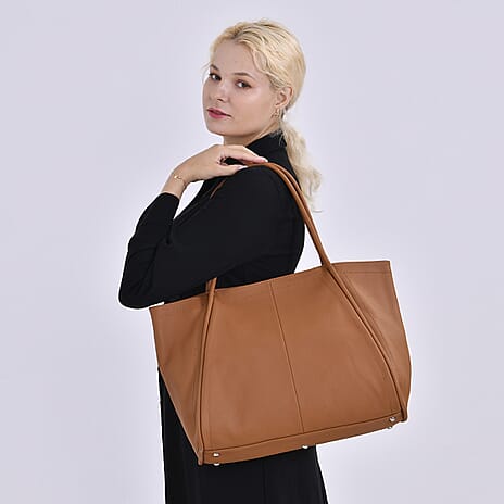 Genuine Leather Patterned Tote Bag (Size 46x30x19 cm) - Tan
