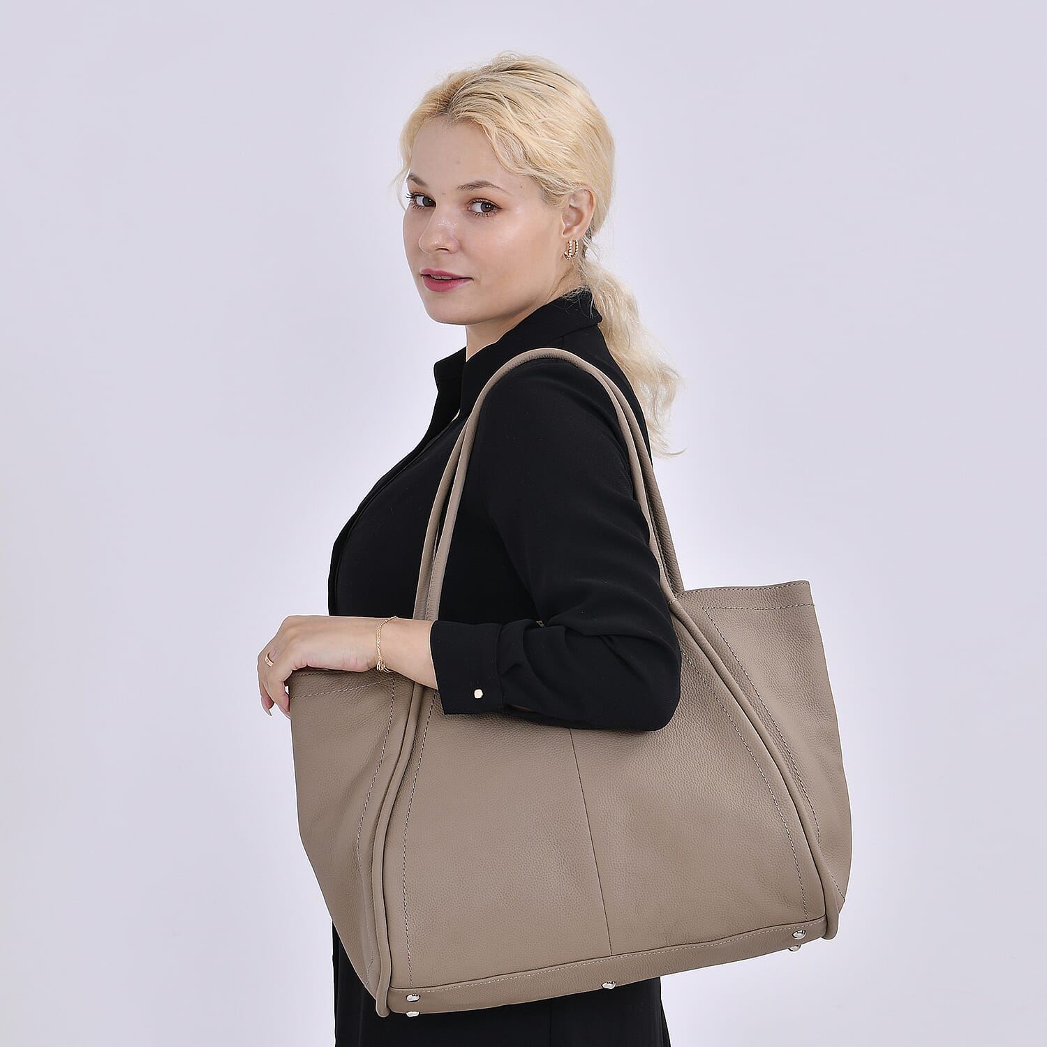 Designer Inspired- 100% Genuine Leather Oversized Tote Bag (Size 46x19x30 cm) - Beige