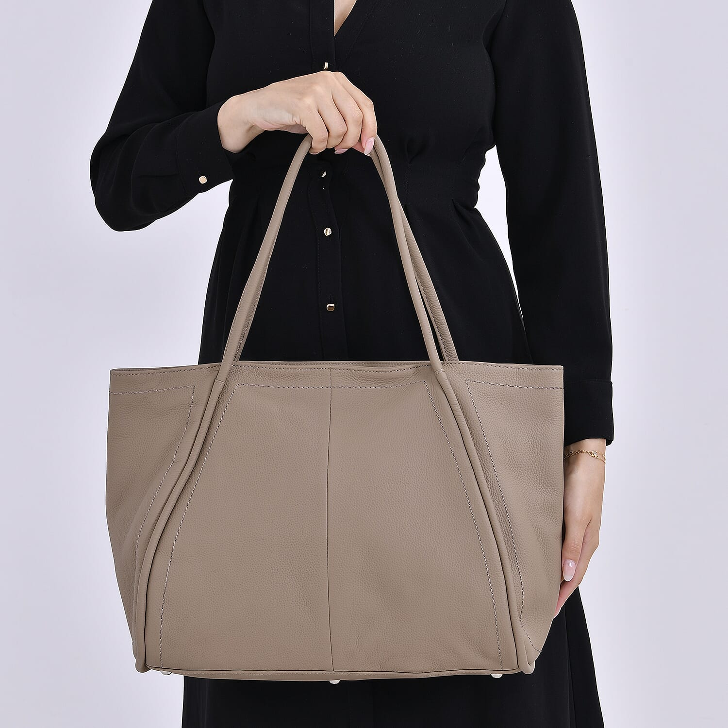 Designer Inspired- 100% Genuine Leather Oversized Tote Bag (Size 46x19x30 cm) - Beige