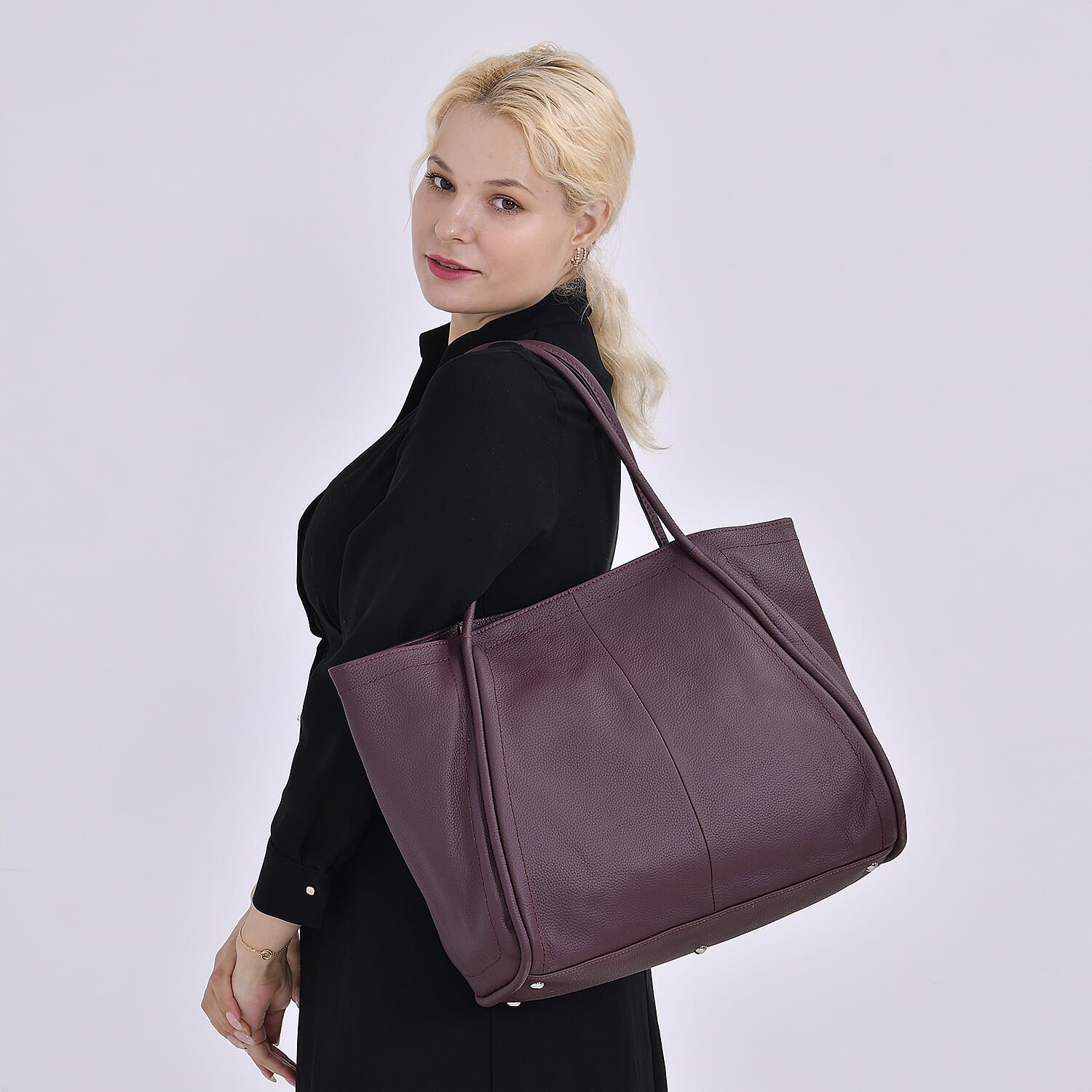 Designer Inspired- 100% Genuine Leather Oversized Tote Bag (Size 46x19x30 cm) - Burgundy