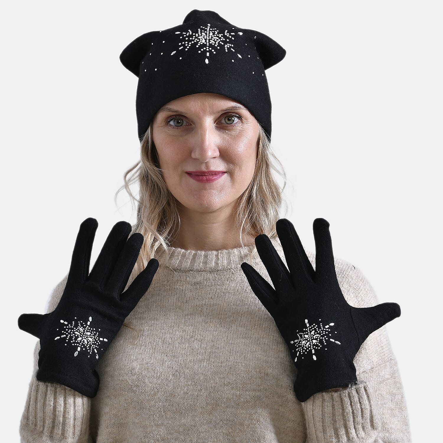 Crystal Pattern Set of Two Hat and Gloves (One Size) - Black