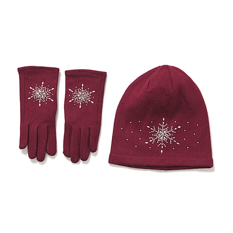 2 Piece Cashmere Set- Crystal Pattern Hat and Gloves - Wine Red